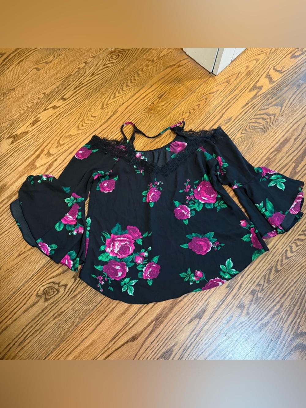 Black Floral Lace-Trim Cold Shoulder Top - Women's